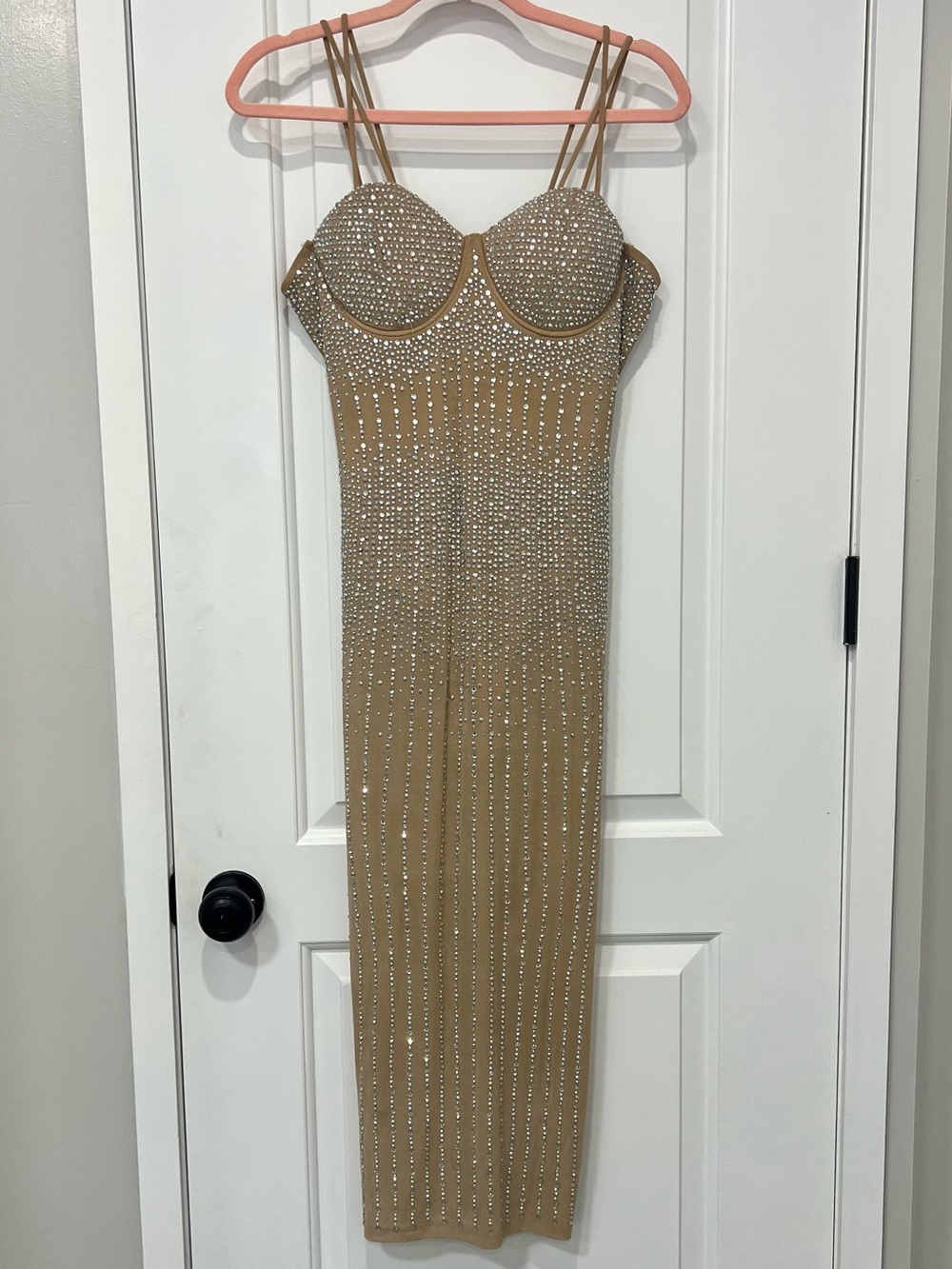 Embellished Tan Bodycon Midi Dress
